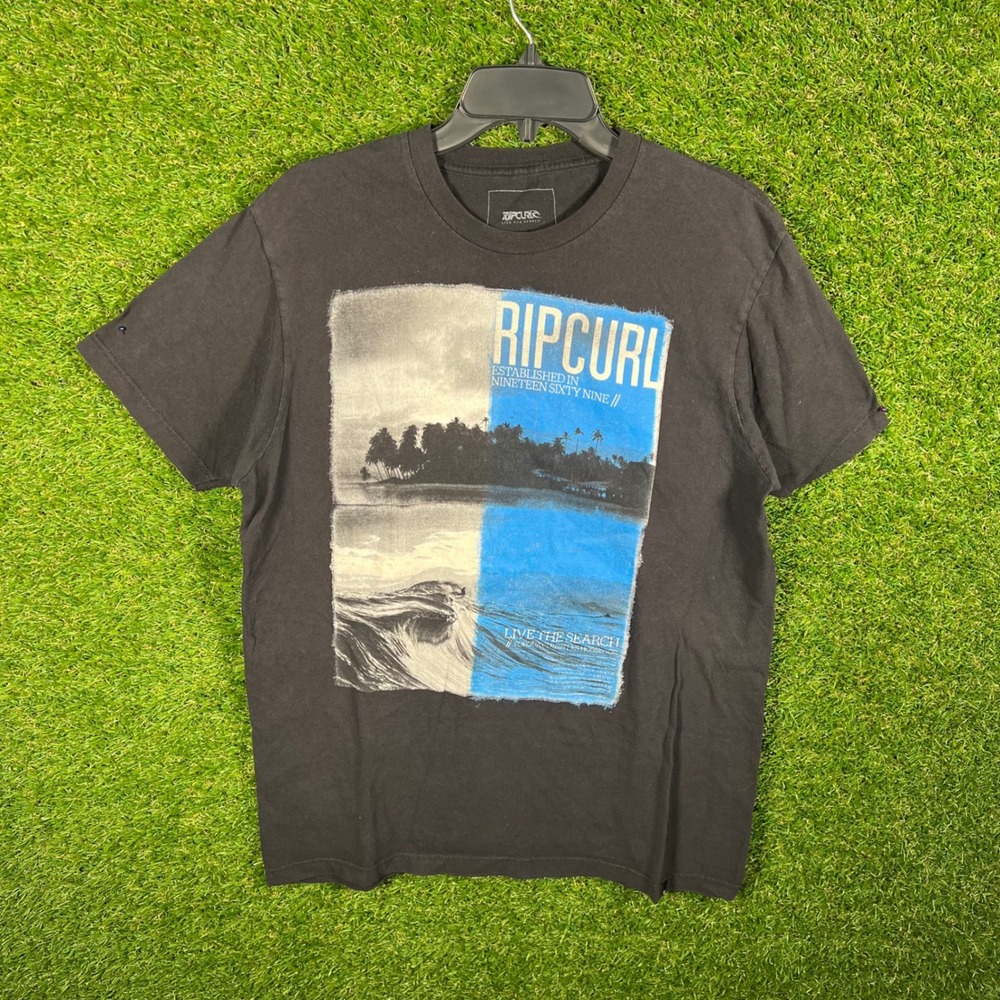 Rip Curl Graphic T Shirt Black Slim Fit Live the Search Established 1999 Y2K